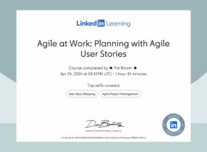Course certificate for Agile at Work - Planning with Agile User Stories.