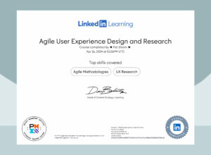 Course certificate of Agile User Experience Design and Research.