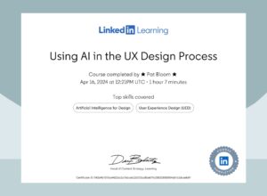 Course certificate for Using AI in the UX Design Process.